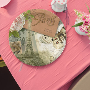 Paris France Antique Artwork Collage Eiffel French Paper Plates