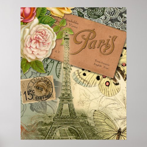 Paris France Antique Artwork Collage Eiffel French Poster