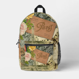 Paris France Antique Artwork Collage Eiffel French Printed Backpack