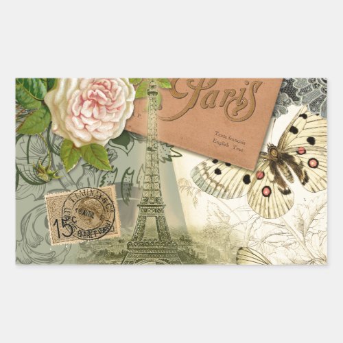 Paris France Antique Artwork Collage Eiffel French Rectangular Sticker