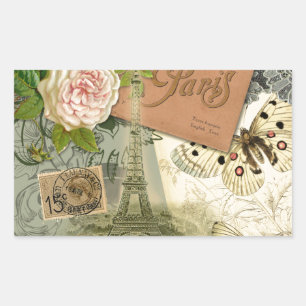 Paris France Antique Artwork Collage Eiffel French Rectangular Sticker
