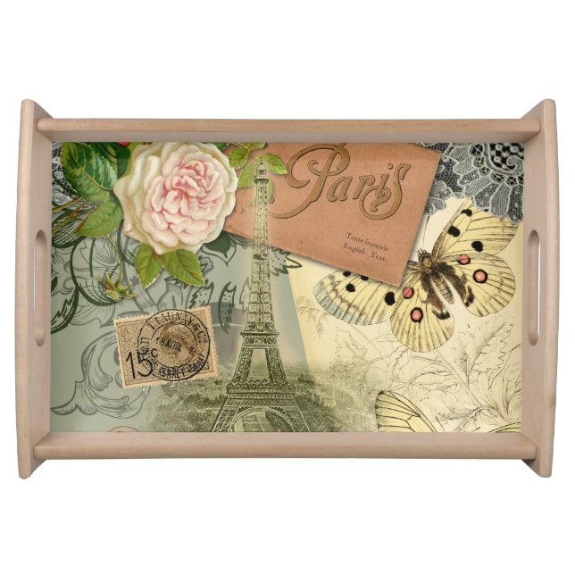 Paris France Antique Artwork Collage Eiffel French Serving Tray (Front)