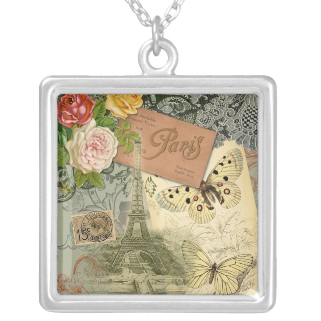 Paris France Antique Artwork Collage Eiffel French Silver Plated Necklace (Front)