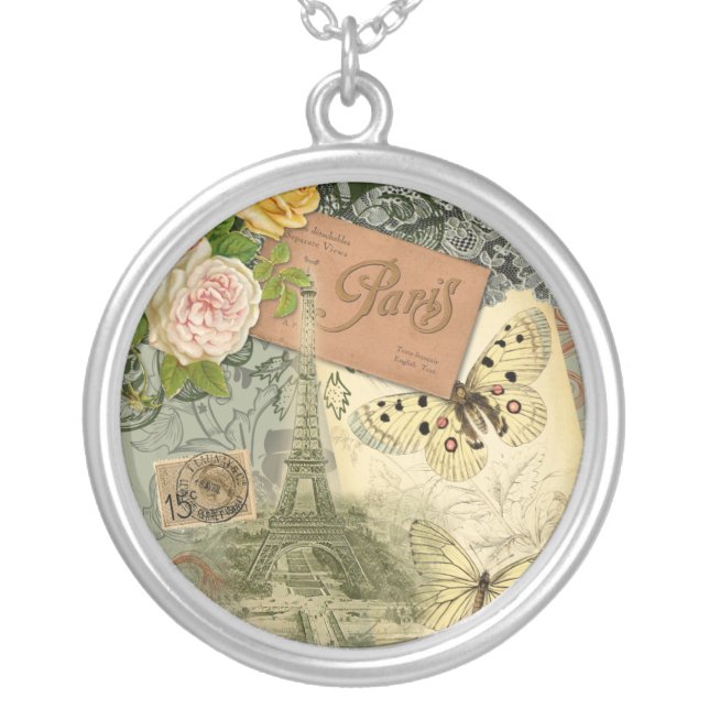 Paris France Antique Artwork Collage Eiffel French Silver Plated Necklace (Front)