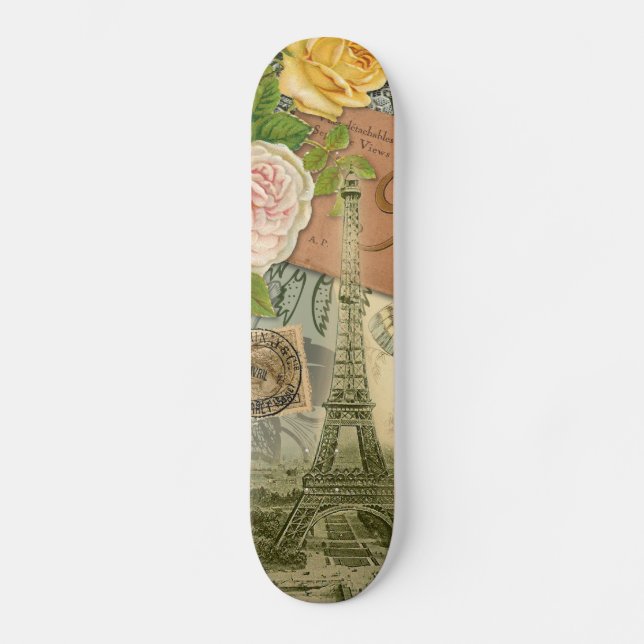 Paris France Antique Artwork Collage Eiffel French Skateboard Deck (Front)