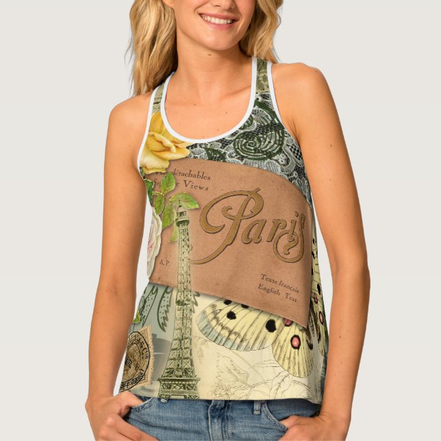 Paris France Antique Artwork Collage Eiffel French Tank Top (Front)