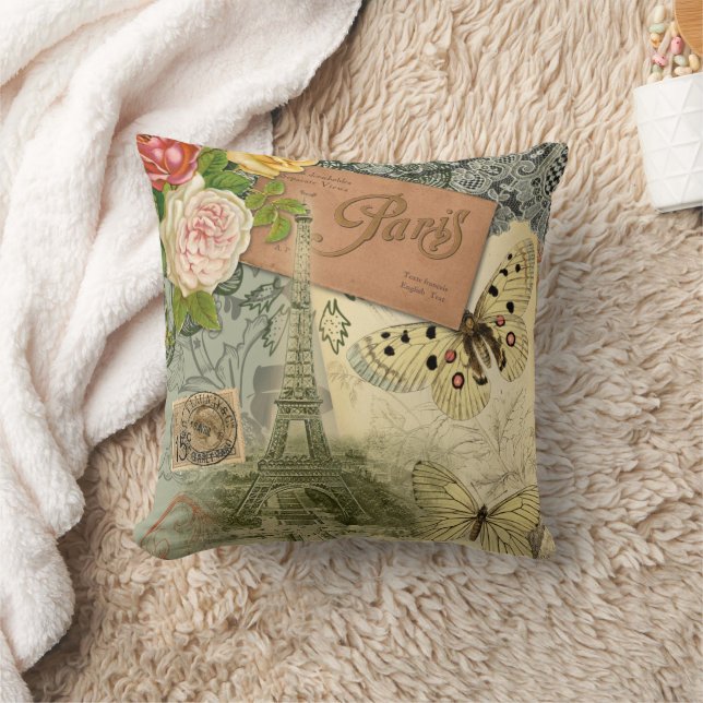 Paris France Antique Artwork Collage Eiffel French Throw Pillow (Blanket)