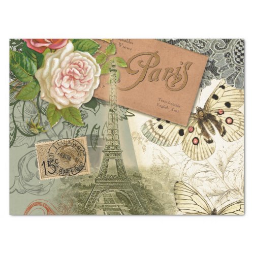 Paris France Antique Artwork Collage Eiffel French Tissue Paper