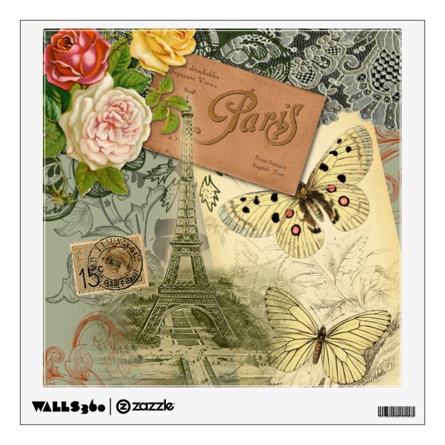 Paris France Antique Artwork Collage Eiffel French Wall Decal (Front)