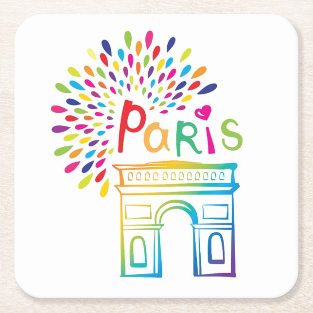 Paris France | Arc de Triomphe | Neon Design Square Paper Coaster (Front)