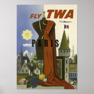 Paris France Aviation Airline Vintage Travel Poster