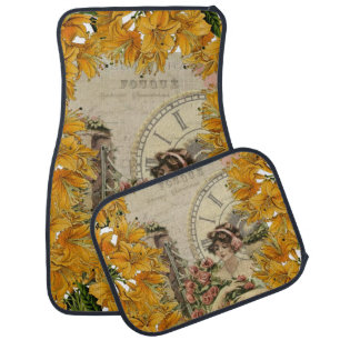 Paris, France Beige Floral Floor Car Mats