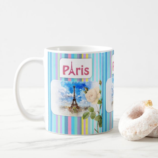 Paris France Blue Stripe Mug (With Donut)