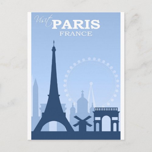 Paris France Blue Vintage Travel Postcard