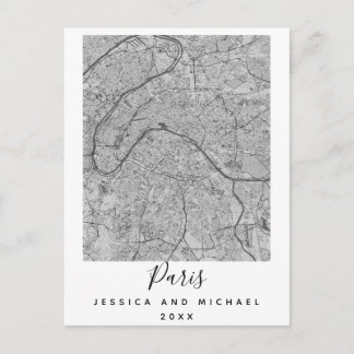 Paris France City Map Couple Name Date Black White Postcard