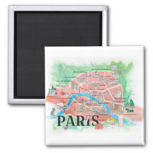 Paris France City Of Love Illustrated Travel Map Magnet