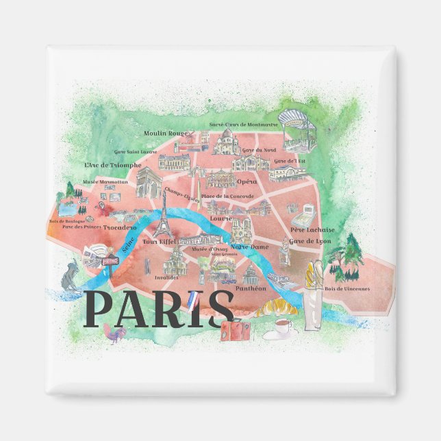 Paris France City Of Love Illustrated Travel Map Magnet (Front)