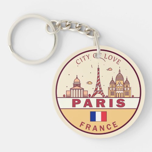 Paris France City Skyline Emblem Keychain