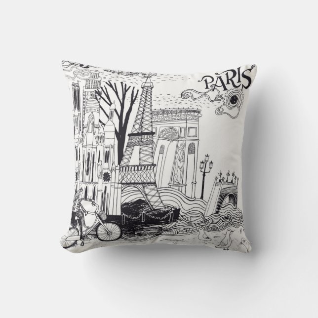 Paris France Doodle Throw Pillow (Front)