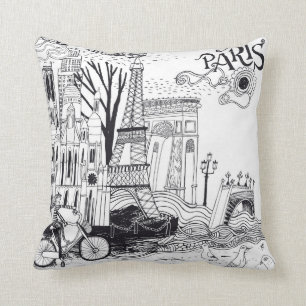 Paris France Doodle Throw Pillow