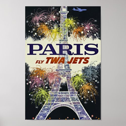 Paris France Eiffel Tower Airline Vintage Poster