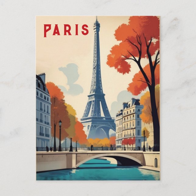 Paris France Eiffel Tower Autumn Retro Travel Postcard (Front)