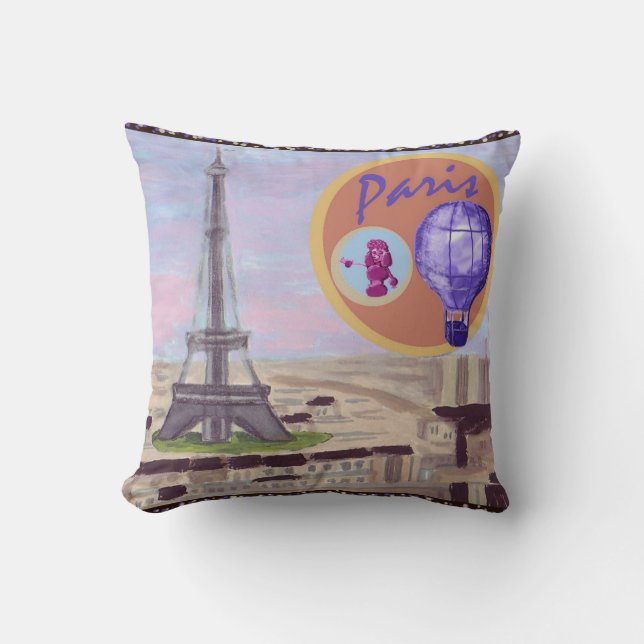 Paris France Eiffel Tower balloon and poodle Ameri Throw Pillow (Front)