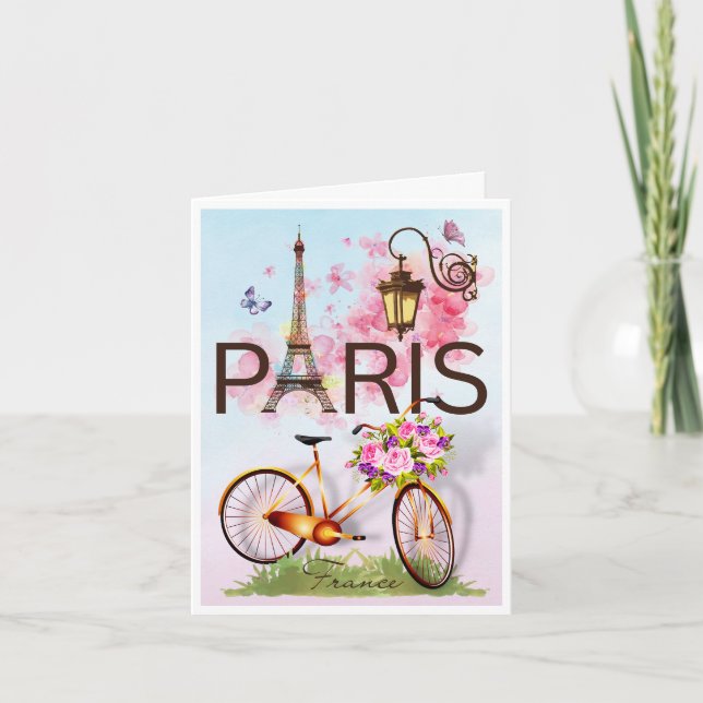 Paris France Eiffel Tower Bicycle Lamp Folded Note Card (Front)
