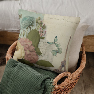 Paris France Eiffel Tower Butterfly Floral Collage Throw Pillow