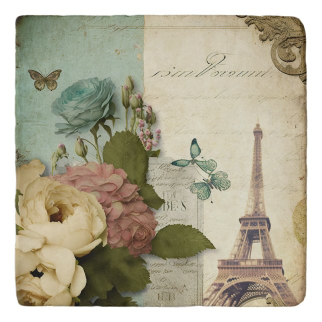 Paris France Eiffel Tower Butterfly Floral Collage Trivet (Front)