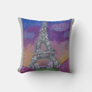 Paris France Eiffel Tower Folk Art Design Throw Pillow