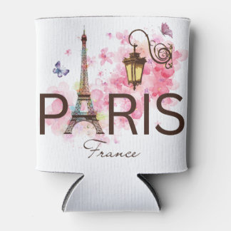 Paris France Eiffel Tower & Lamp Can Cooler