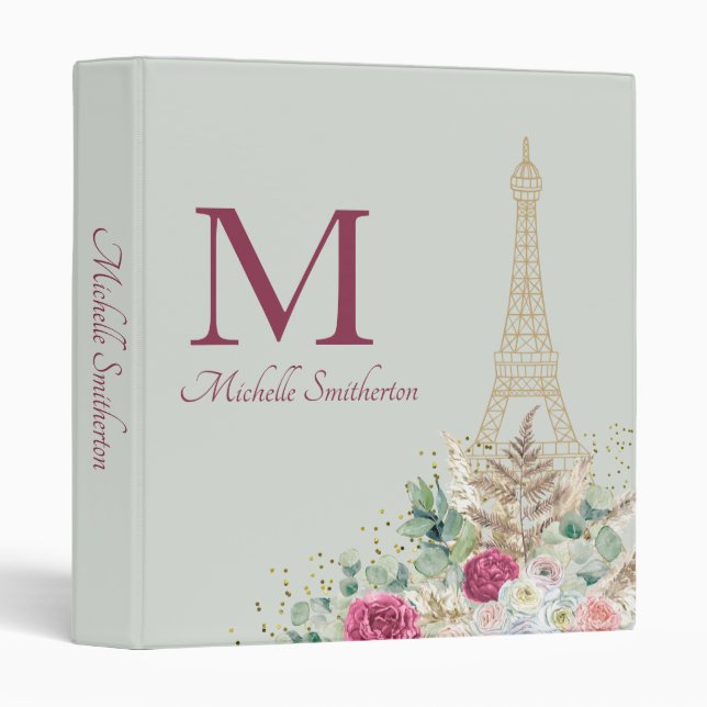 Paris France Eiffel Tower Mint Green Monogram 3 Ring Binder (Front/Spine)