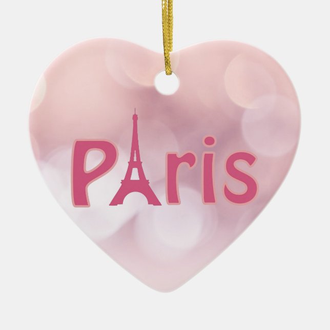 Paris France Eiffel Tower Pink Heart Christmas Ceramic Ornament (Front)