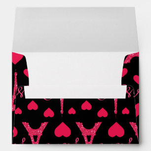 Paris France Eiffel Tower Pink Hearts Glitter Envelope