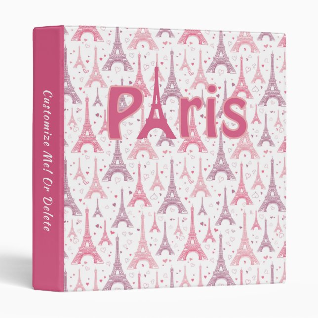 Paris France Eiffel Tower Pink Purple Personalized 3 Ring Binder (Front/Spine)