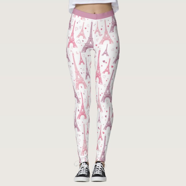 Paris France Eiffel Tower Pink Purple Yoga Workout Leggings (Front)