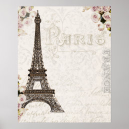 Paris France Eiffel Tower Pink Roses Chic Glamour Poster
