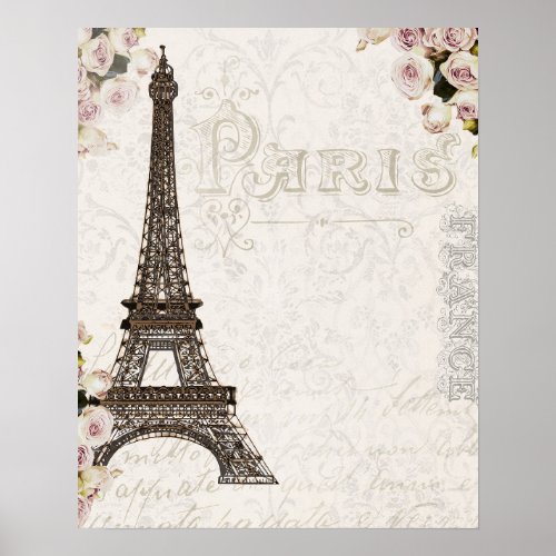 Paris France Eiffel Tower Pink Roses Chic Glamour Poster