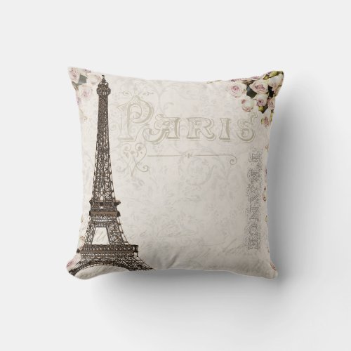 Paris France Eiffel Tower Pink Roses Glamour Throw Pillow