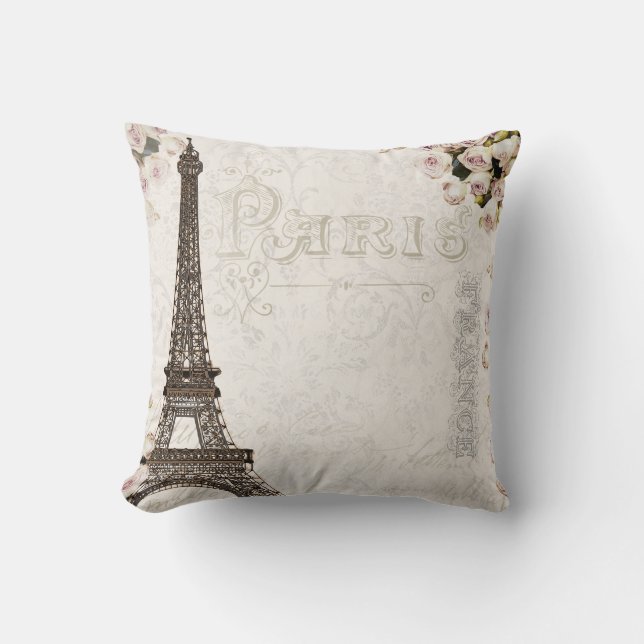 Paris France Eiffel Tower Pink Roses Glamour Throw Pillow (Front)