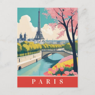 Paris France Eiffel Tower Retro Travel Floral Postcard