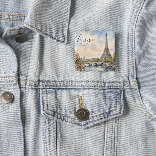 Paris France Eiffel Tower river seine  Button (In Situ)