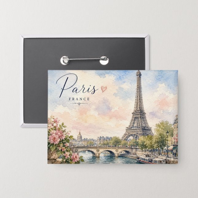 Paris France Eiffel Tower river seine  Button (Front/Back)