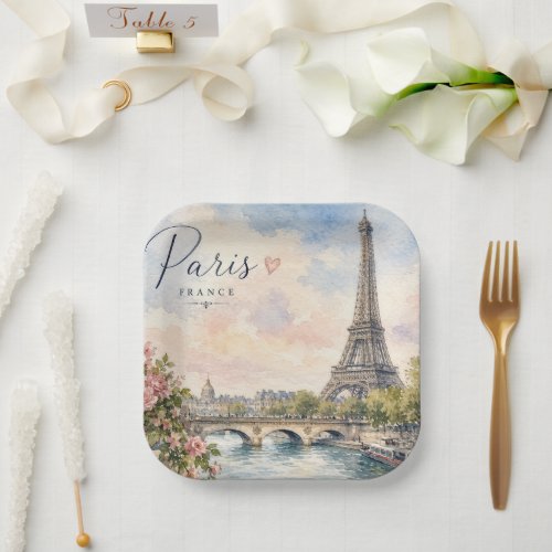 Paris France Eiffel Tower river seine  Paper Plates