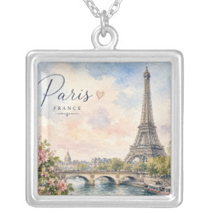 Paris France Eiffel Tower river seine Silver Plated Necklace