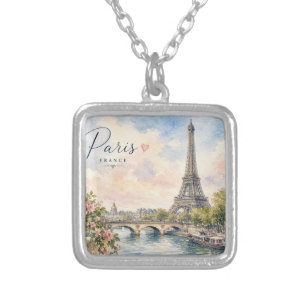 Paris France Eiffel Tower river seine Silver Plated Necklace
