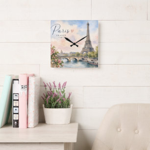 Paris France Eiffel Tower river seine Square Wall Clock