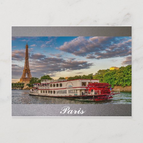 Paris France Eiffel Tower Seine River Boat Postcard