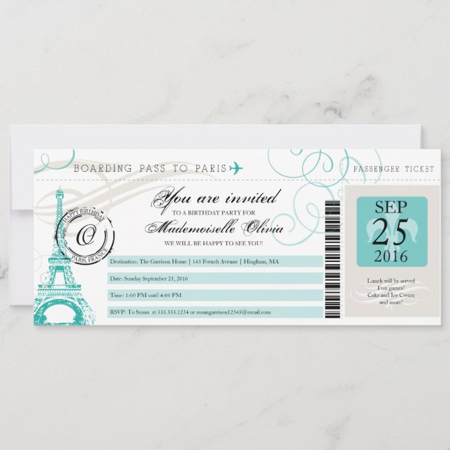 Paris France Eiffel Tower Vintage Boarding Pass Invitation (Front)